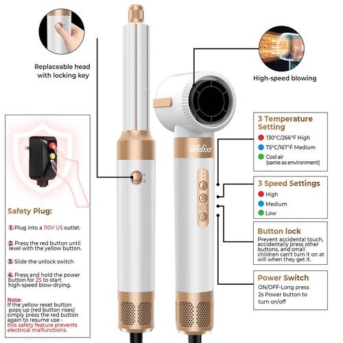 UKLISS Hair Dryer Brush 7 in 1，110000 RPM Hair Dryer with Diffuser for Curly & Twisted Hair Professional Ionic Brush Blow Dryer for Salon-Quality Styling, White Gold