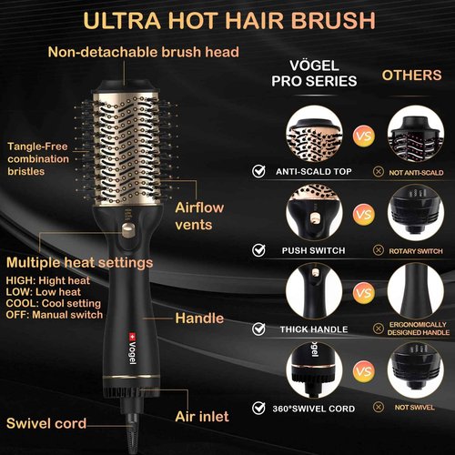 Vögel Nano Titanium Hot Air Brush & Hair Dryer - One Step Volumizer,Professional Blowout for Style and Dry,Incl Clips, Gloves,Gold