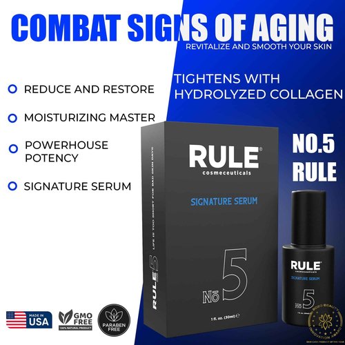 RULE No.5 Vitamin C Face Serum for Men with Hyaluronic Acid, Caviar & Niacinamide, Signature Anti-Aging Antioxidant Serum for Face Fine Lines, Wrinkles, Dark Spots, Brightening Skin, 30 mL