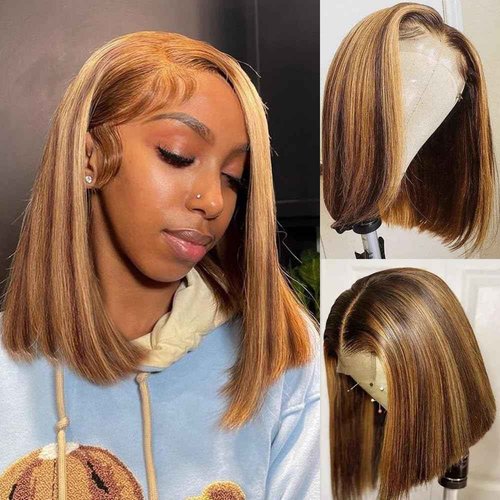 YINGRUN Bob Wig Human Hair Glueless Wigs Human Hair Pre Plucked Pre Cut Human Hair Wigs for Black Women (Highlight Ombre, 14 Inch)