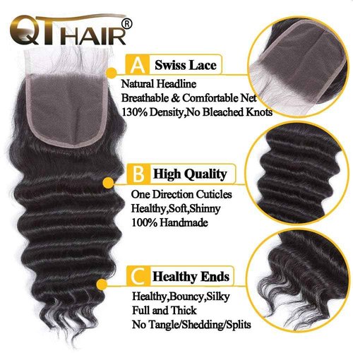 QTHAIR 16A loose Deep Wave Bundles with Closure for Black Women(12 14 16+10)100% Unprocessed Brazilian Deep Wave Human Hair 3 Bundles with 4X4 Lace Closure Free Part Natural Color