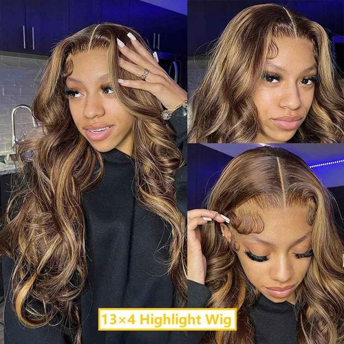 BEANATASHA Highlight Ombre Lace Front Wig, Pre Plucked, 13x4 HD Transparent Lace, 26 Inch, 180% Density Body Wave, 4/27 Colored, Glueless Wig, for Women