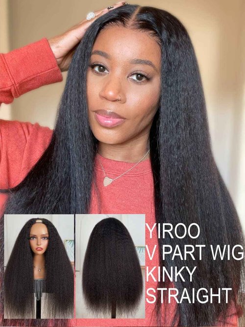 YIROO Hair V Part Wig Human Hair Kinky Straight Wig No Leave Out Upgraded U Part Wigs for Women 12A Yaki Straight Glueless Wear And Go V Shape Clip in Wigs Beginner Friendly 150% Density 22 Inch