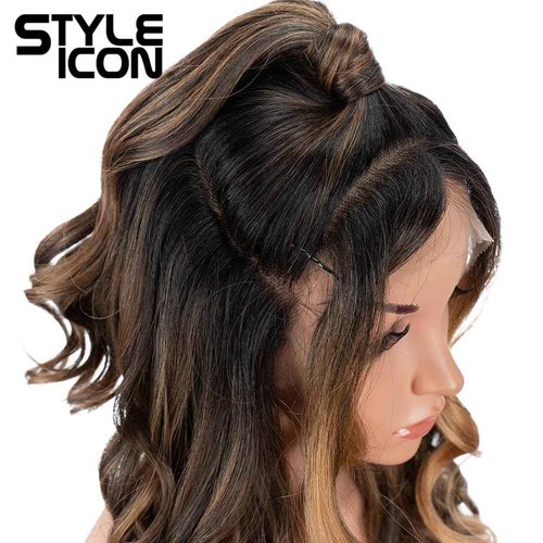 Style Icon 13x2 Highlight Lace Front Free Part Wig 24?Updo U Part Lace Frontal Long Wavy Wig With Bangs High Temperature Synthetic Hair(24 Inches, HI-PECAN)