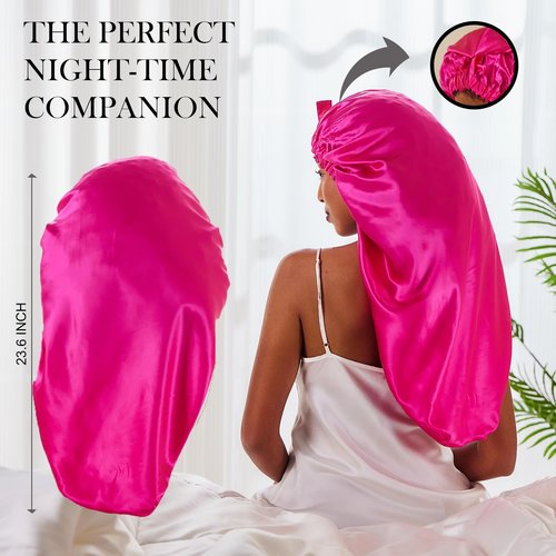 PROMEED 100% Mulberry Silk Bonnet for Long Hair, Hyaluronic Acid Infused Silk Sleep Cap for Long Braids and Locs, Hydrating Hair Care Accessory for Healthy Hair Maintenance (FUCHSIA)