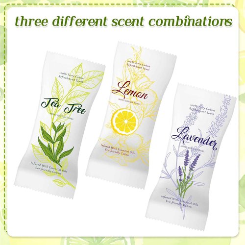 VitalCozy 240 Pcs Moist Cotton Towel Moist Towelettes Individually Wrapped Scent Disposable Face Towel 8.6'' x 8.6'' Hot/Cold Moistened Cleansing Wipes, Lemon Tea Tree and Lavender Scent (White)