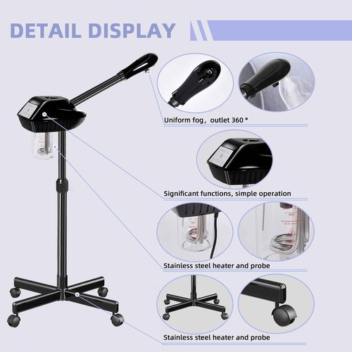 Professional Facial Steamer with More Steam for Deep Cleansing and Hydration, Face Steamer on Wheels with Time Setting, Estheticians Steamer Adjustable Height for Beauty, Spa and Home Use（Black）