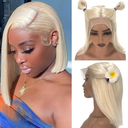 Ubetta White Blonde Lace Front Bob Wig Human Hair, Platinum Blonde 13x6 Lace Front Wigs Human Hair Pre Plucked White Blond Bob Wigs for Women 12 Inch 180% Density Bleachd Knots Swiss HD Lace