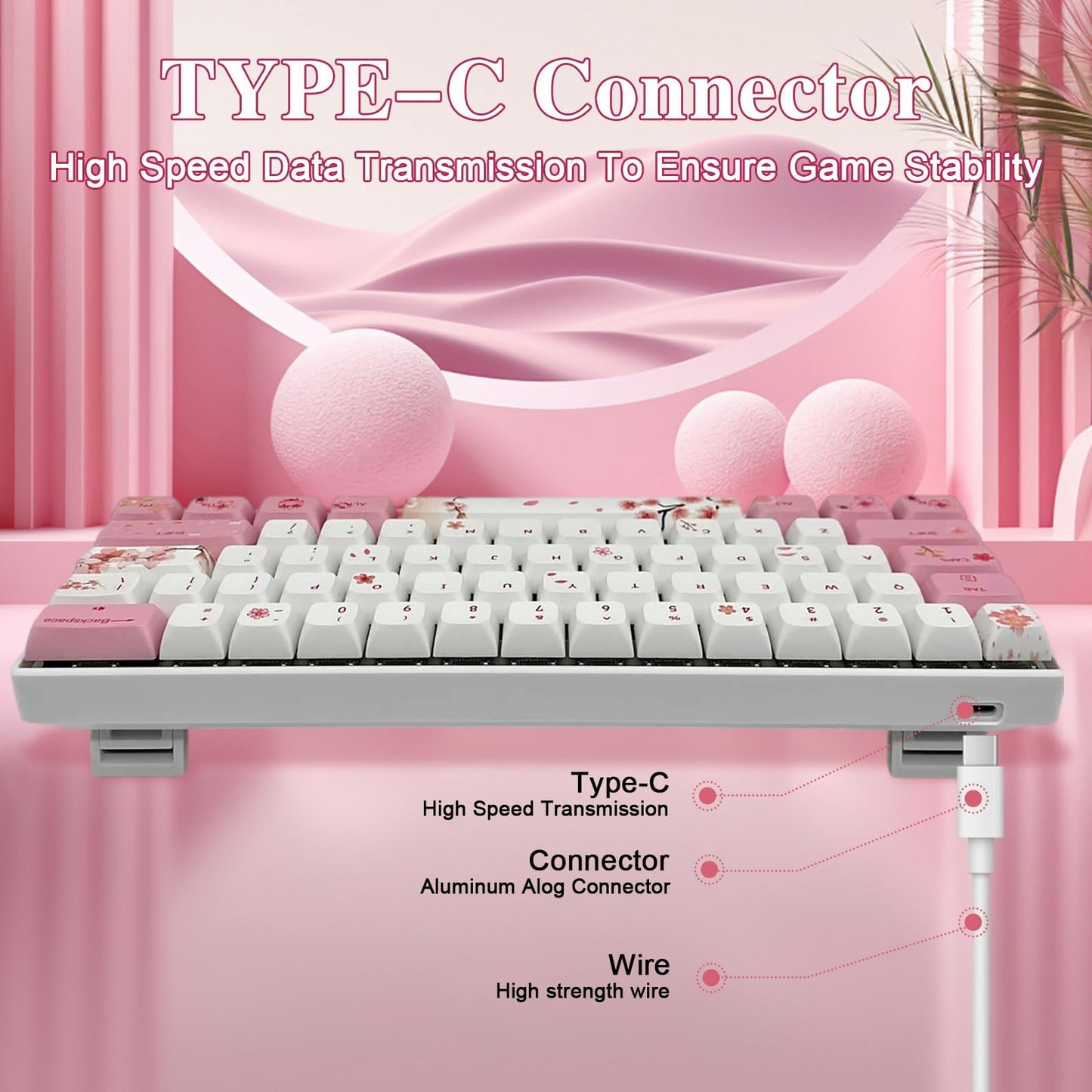 ZMX Cherry Blossom Pink and White Keyboard,60% Wired Hot Swappable RGB Backlit Mechanical Gaming Keyboard Mini 61 Keys XDA Profile Cute PBT Keycaps for Office PC/Mac Gamer (OUTEMU-Blue Switch)