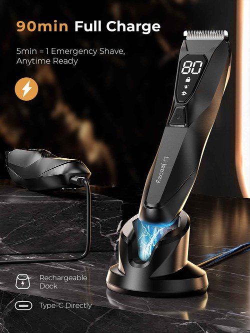 Lijecozy Men's Body Trimmer with Wireless Charging & LED Display, Ceramic Blade Electric Shaver for Pubic Hair, Waterproof with 3 Combs