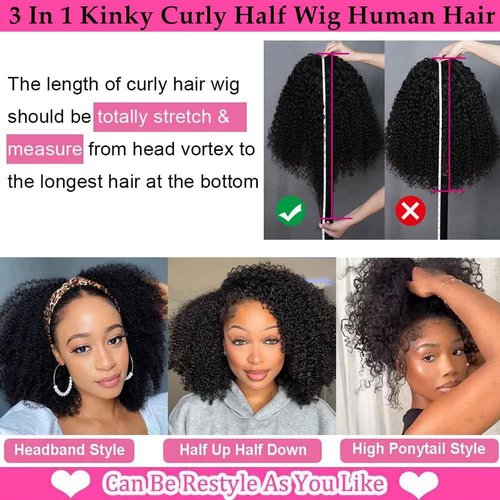 Kinky Curly Half Wig Human Hair 200 Density 3 In 1 Seamless Flip Over Half Wigs Wear Go Glueless Wigs Human Hair for Women Curly Half Wig Human Hair Drawstring Headband Wig Beginner Friendly 18 Inch