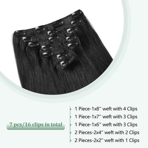 MIFIL Hair Extensions Real Human Hair 16 inch 120g Jet Black Hair Extensions Clip in Human Hair Straight Real Hair Extensions (16inch,7pcs,120g)