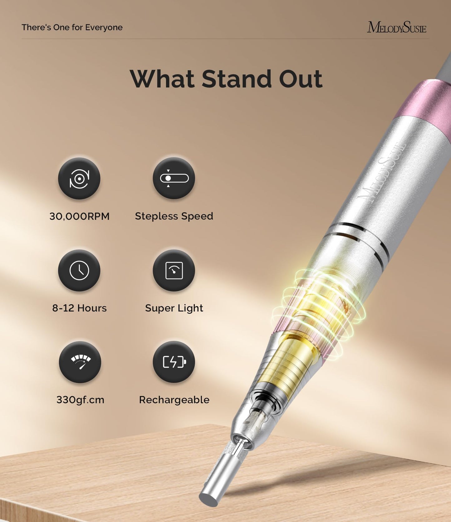 MelodySusie Entry-Level Clip-On Cordless 2-in-1 Nail Drill with Adjustable Built-in Stand, SC330G 30000RPM E-File for All Manicure Shaping & Gel Removal, Ideal for Training, Nail Art Practice at Home