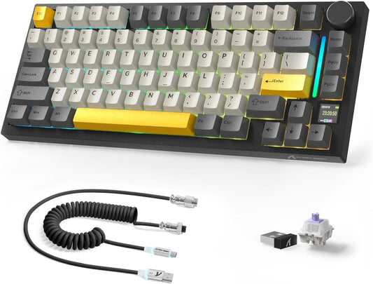 Attack Shark ajazz AK820 Wired Mechanical Gaming Keyboard with Volume Knob Hot Swappable 75% Gasket Keyboard 5-Layer Noise Absorbing Foam PBT Keycap Ice Blue Backlit Blue Switch for PC/Win/Mac-White