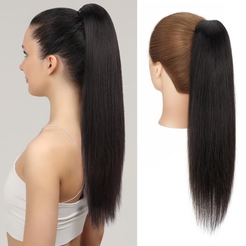 Charites Ponytail Extension, 16 Inch Claw Clip Ponytail Extension Human Hair Long Straight Jaw Clip in Real Hair Pony Tails Hairpieces for Women Natural Black