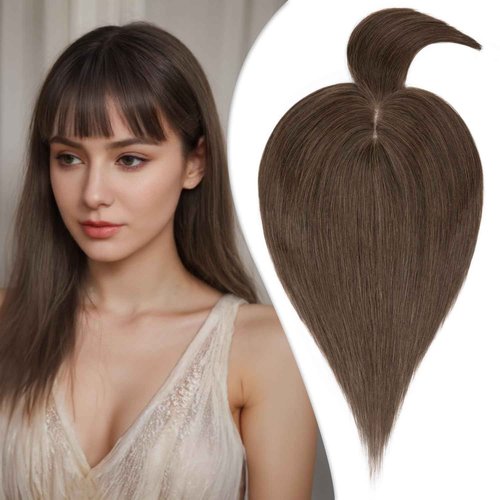 TESSHAIR Human Hair Toppers for Women, 150% Density Hair Topper with Bang, No Tangle & Smooth, Upgrade 7x13cm Silk Base, 14 Inch #02 Dark Brown