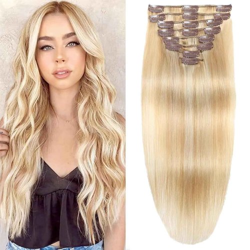 Clip in Hair Extensions Real Human Hair Clip in Extensions for Women Seamless Balayage Dark Blonde to Bleach Blonde Straight Remy 100% Human Clips ins Extension 8pcs Double Weft 22 inch 4oz/110g
