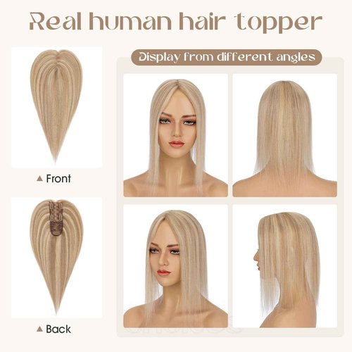 Rich Choices Hair Toppers for Women Real Human Hair 100% Human Remy Toppers for Women with Thinning Clip in NO Bangs Lace Base 150% Density 08 Inch #12P613 Golden Brown Highlight Bleach Blonde