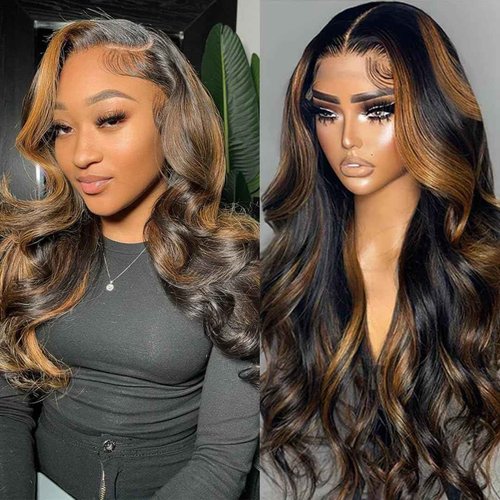 miear Ombre Highlight Lace Front Wigs Human Hair 13x6 Body Wave 1B/30 Lace Front Wig 180% Density HD Transparent Lace Frontal Wigs Human Hair Balayage Wig for Black Women 20 inch