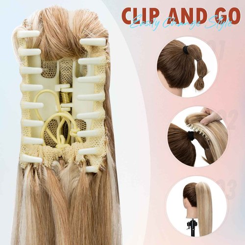 Hairro Claw Clip In Ponytails 100% Real Human Hair Ponytail Hair Extensions Jaw On Ponytail Jaw/Claw Clips Pony Tail Hairpieces For Women 14 Inch 105g #12P613 Golden Brown Mix Bleach Blonde