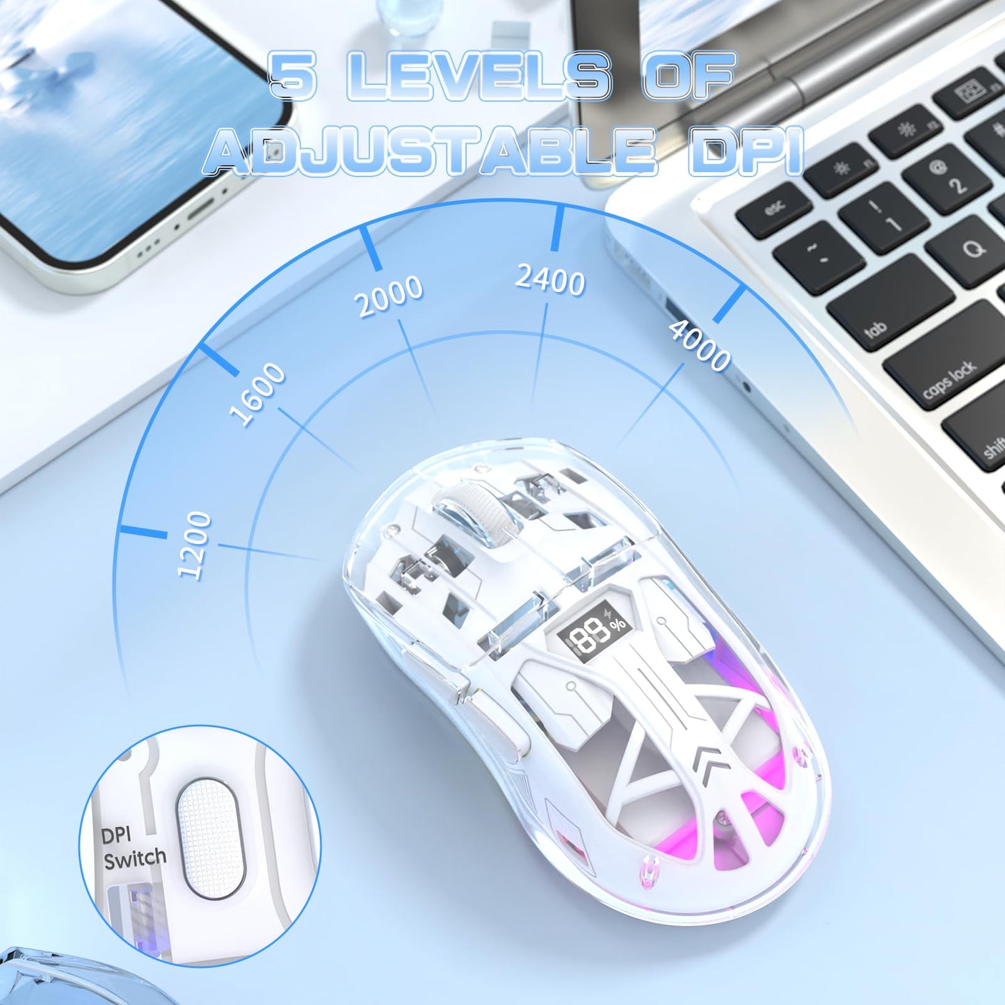 ZIYOU LANG A2 Transparent Wireless Gaming Mouse with Battery Level Display,Bluetooth/2.4G Wireless PC Mice,3D RGB Backlit,5 Million Clicks,PixArt 3212,up to 4000 DPI for Win/MAC (White)