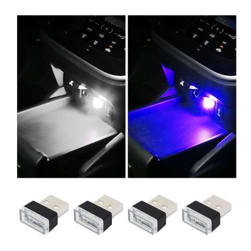 Augeny 4 PCS USB LED Car Interior Atmosphere Lamp, Plug-in USB Decor Night Light, Portable Auto Ambient Lighting Kit, Universal Vehicle Interior Accessories for Most Cars (White & Blue)