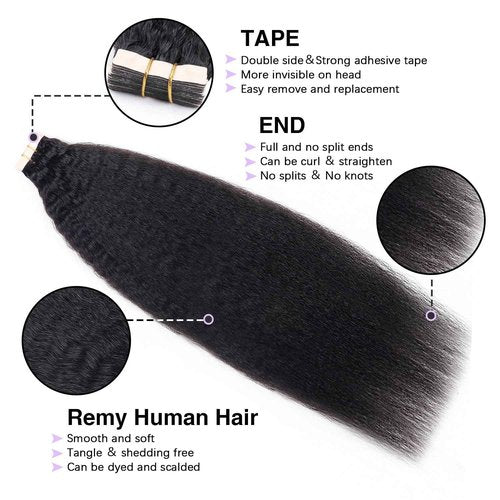 Liqusee Kinky Straight Tape In Hair Extensions Human Hair 100% Remy Hair Natural Black 22 inch 20pcs 50g/Pack Double Sided Seamless Skin Weft Tape ins Real Human Hair Extensions for Black Women