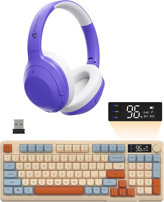Attack Shark G300 Headset and M96 Wireless Gaming Keyboard,Knob Control BT/2.4G Wireless Keyboard,RGB LED Backlit with Display Screen,PBT Keycap,2000mAh,94-Key Layout for Win/Mac-Purple and Blueberry