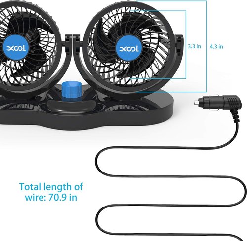 XOOL Car Fan 12V Portable Auto Cooling Fan, Dual Head Electric Car Fans Cigarette Lighter 360 Degree Rotatable Vehicle Fans for Truck SUV Sedan RV Van Boat Golf Cart