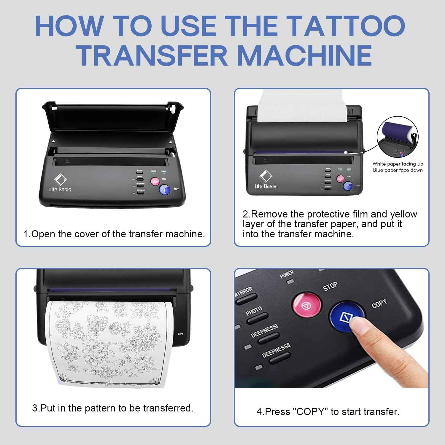 LifeBasis Tattoo Transfer Stencil Printer Tattoo Thermal Copier with 30PCS Stencil Transfer Paper Thermal Tattooing Printer Machine for Tattoo Artists & Beginners, Black