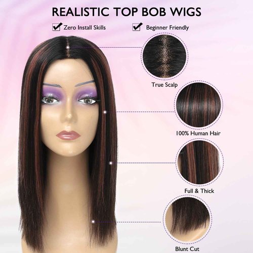 JIAJIA TERESA 12 Inch H1B/Copper Red Highlight Straight Human Hair Bob Wigs Glueless Minimalist 1.5 * 9 Realistic Look HD Lace Glueless Wigs Blunt Cut Short Black Bob Wigs