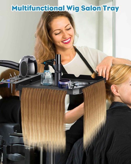 Salon Tray on Wheels,Metal Tray Rolling Cart with 2 Magnetic Bowls,Tattoo Tray, Salon Station with Hairstylist Holder and Hair Separator Stand,Multi-Function Adjustable with Wheels