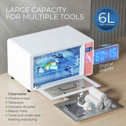 Geisofu UV Light Nail Tool Cleaning Machine - Dry Heat Cabinet UV Light Cleaner, Manicure Tool Cleaner Cabinet, Barber Salon Tools, 6L 110V 160W White