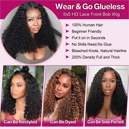Ailwelia Curly Bob Wig Human Hair Deep Wave 200% Density 5x5 HD Lace Closure Wigs Human Hair Bob Wigs For Black Women Wear And Go Glueless Curly Wig Black Color 16 Inch