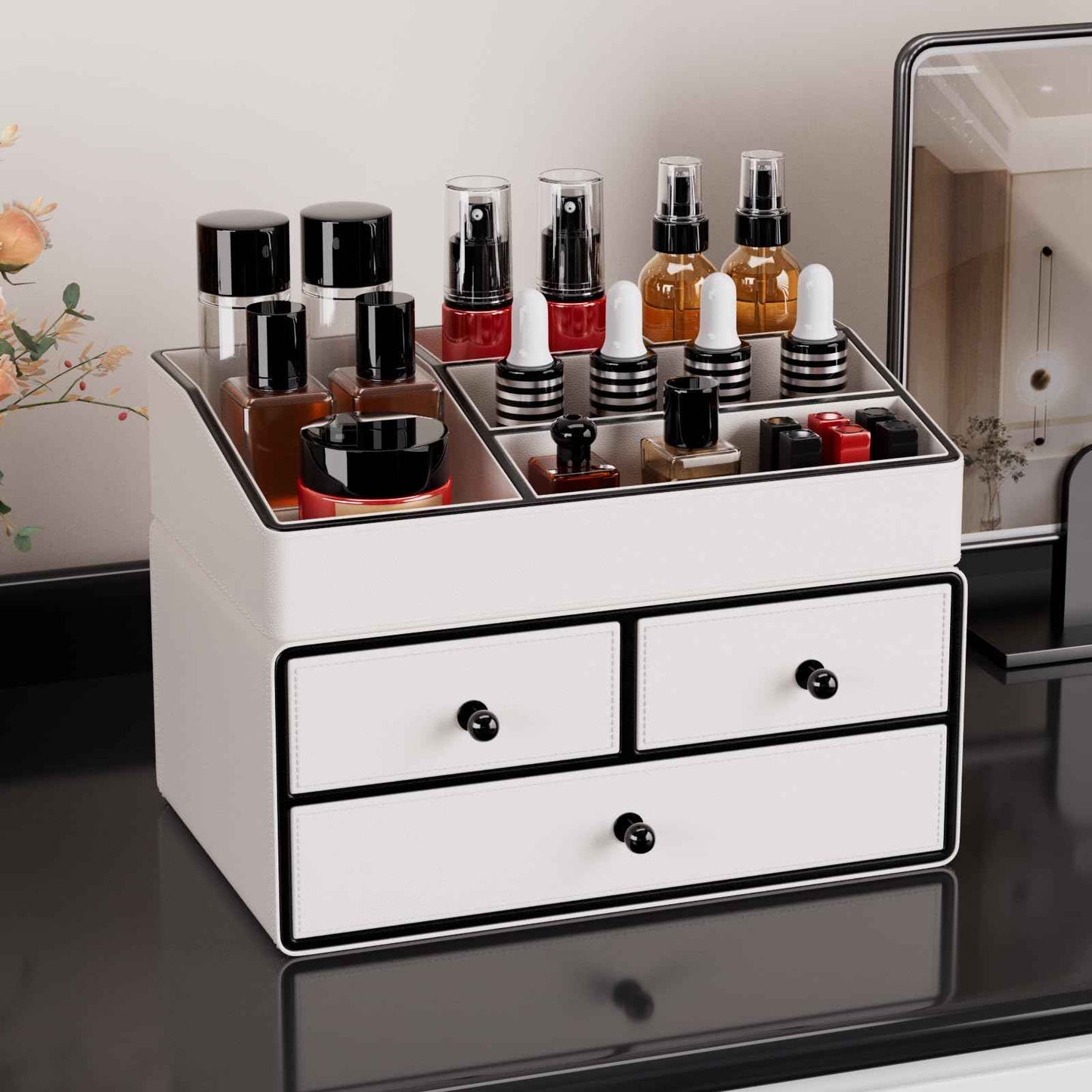 GORESE Leather Makeup Organizer with Drawers for Vanity, Stackable Skincare Holder Dresser Organizer Countertop, Make Up Storage Organizers Counter Cosmetic Display Case Gifts for Women(Cream White)