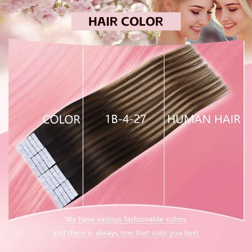Sweetmet Invisible Tape in Hair Extensions Human Hair 3rd-Generation #1b/4/27 Natural Black to Chocolate Brown and Caramel Blonde 20pcs 50g 22inch Invisi Edge Tape ins Extensions(#1b/4/27a-22inch)
