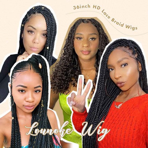 lounoke 13x8 Braided Lace Front Wigs for Black Women, 36 inch Knotless Box Braids Wigs with Baby Hair, Black Synthetic Medium Braided Wig
