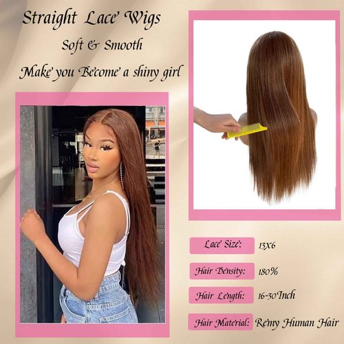OiMiGO Highlight 13x6 Lace Front Human Hair Wig for Women,Ombre Straight Skilly Lace Frontal Wigs 10A Brazilian Hair,Pre Plucked with Natural Hairline colored Brown with Auburn Wigs #4T4/30(20Inch)