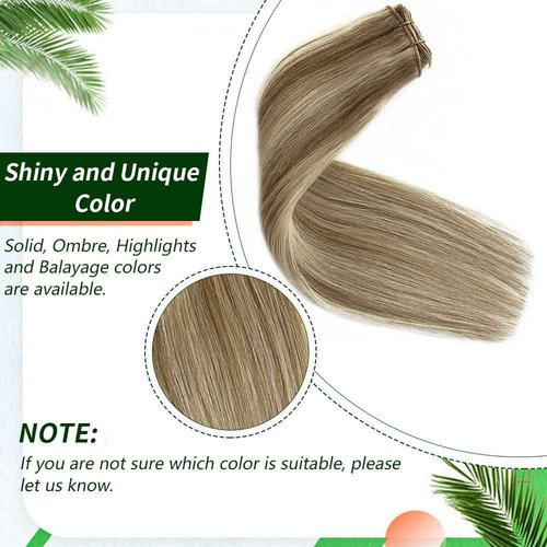Sew in Hair Extension Real Human Hair, 18 inch 100g Hand Tied Weft Hair Extension Human Hair, Beige Blonde with Platinum Blonde Highlights Human Hair Extensions Sew in, Double Weft Bundles Human Hair