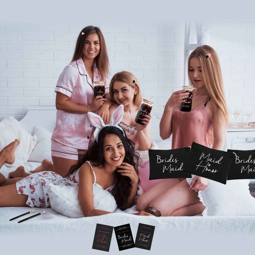 56 pcs Bridesmaid gifts bridesmaid proposal gifts, Maid of Honor Gifts contain 16oz Glass Cups Cosmetic Makeup Bags Invited Cards Scrunchies Hair Knotted Bracelets Diamond Pens love clip (Black)