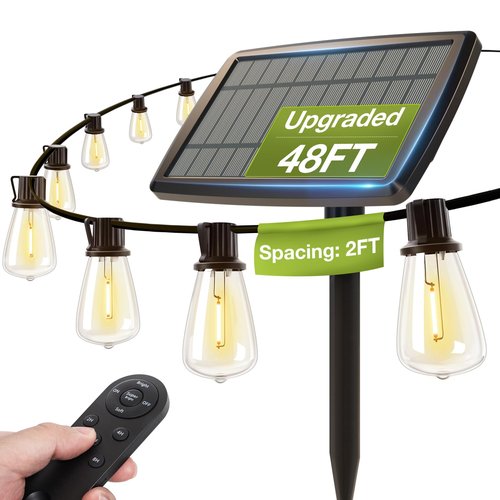addlon 54(48+6) FT Solar String Lights Waterproof,Patio Lights Solar Powered with Remote& USB Port 24+2 LED Shatterproof Bulbs 3 Lighting Modes Outdoor Lights for Camping Backyard Garden