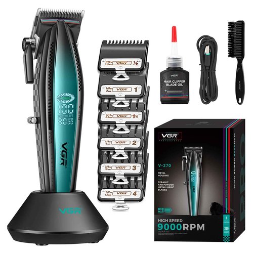 VGR 270 Hair Clippers for Men Professional, Low Noise Cordless High Speed 9000 RPM Fresh Fade Ceramic Blade Barber Clippers, Hair Cutting Kit with 6 Guide Combs, USB Charging Base, LED Display