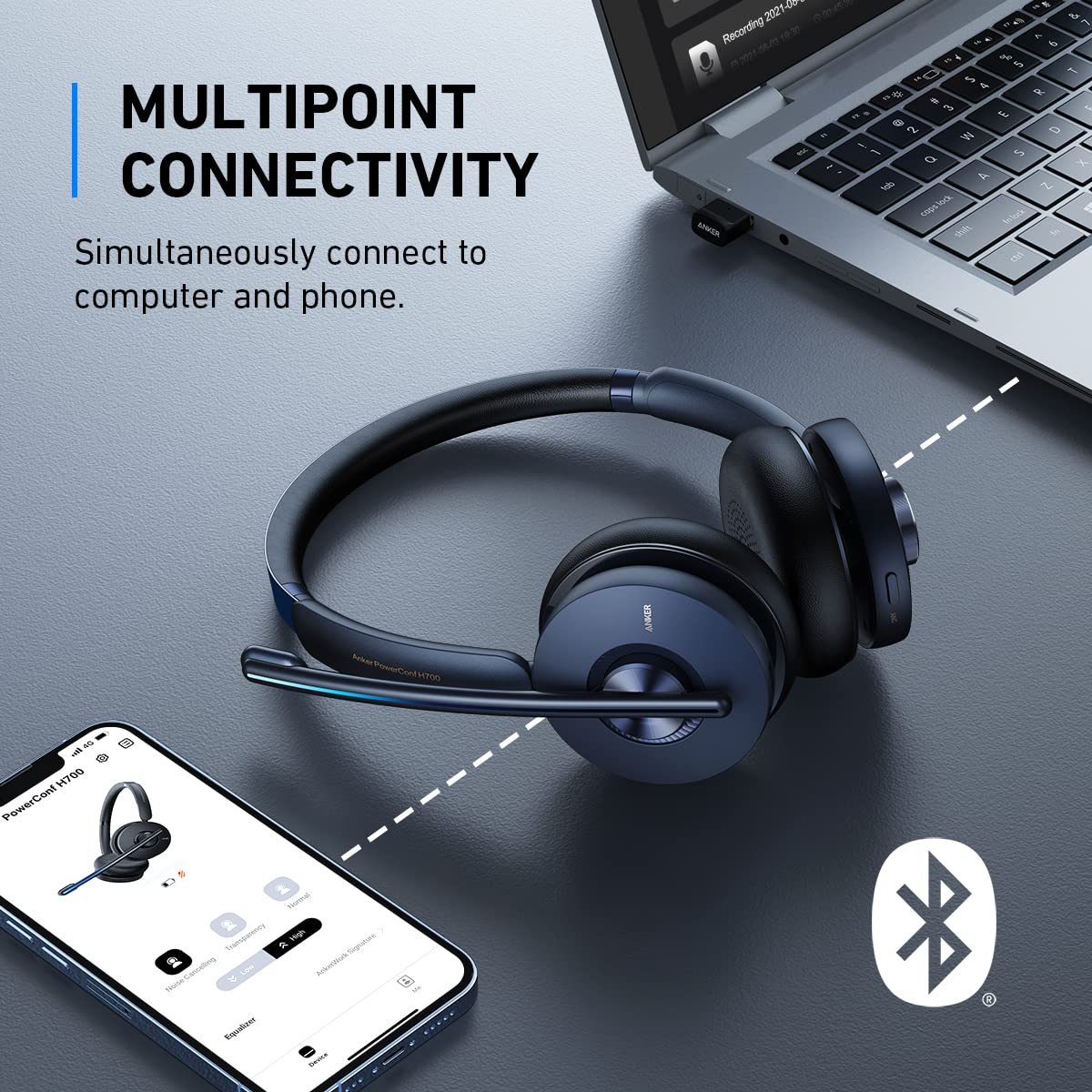 Anker PowerConf H700, Bluetooth Headset with Microphone, Active Noise Cancelling, Audio Recording and Meeting Transcription, AI-Enhanced Calls (Headset)