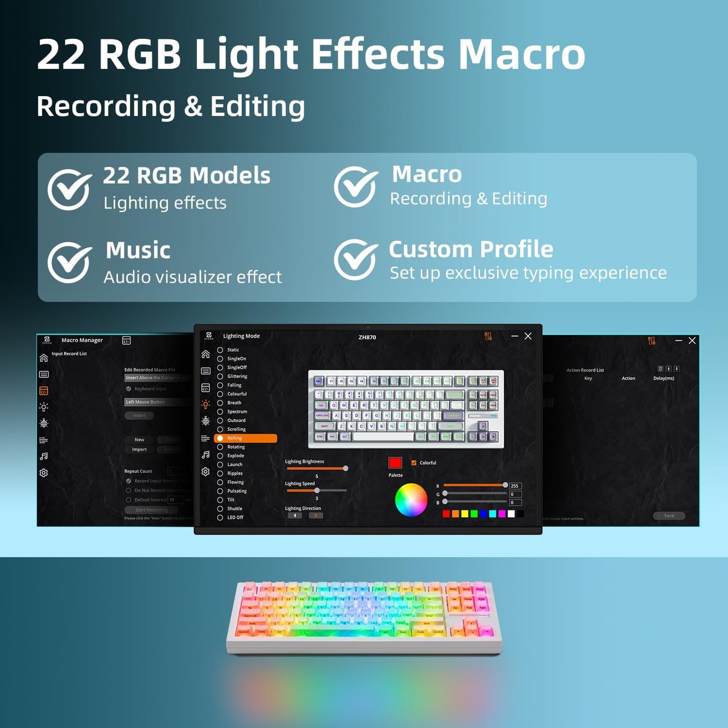 ZORNHER ZH870 Wireless Mechanical Gaming Keyboard,80% White Custom Creamy Sound Keyboard with Lighted Up IMD PBT Keycaps,Pre-lubed Linear Switches,Hot-Swappable,RGB Backlit,2.4GHz/USB-C/BT5.0