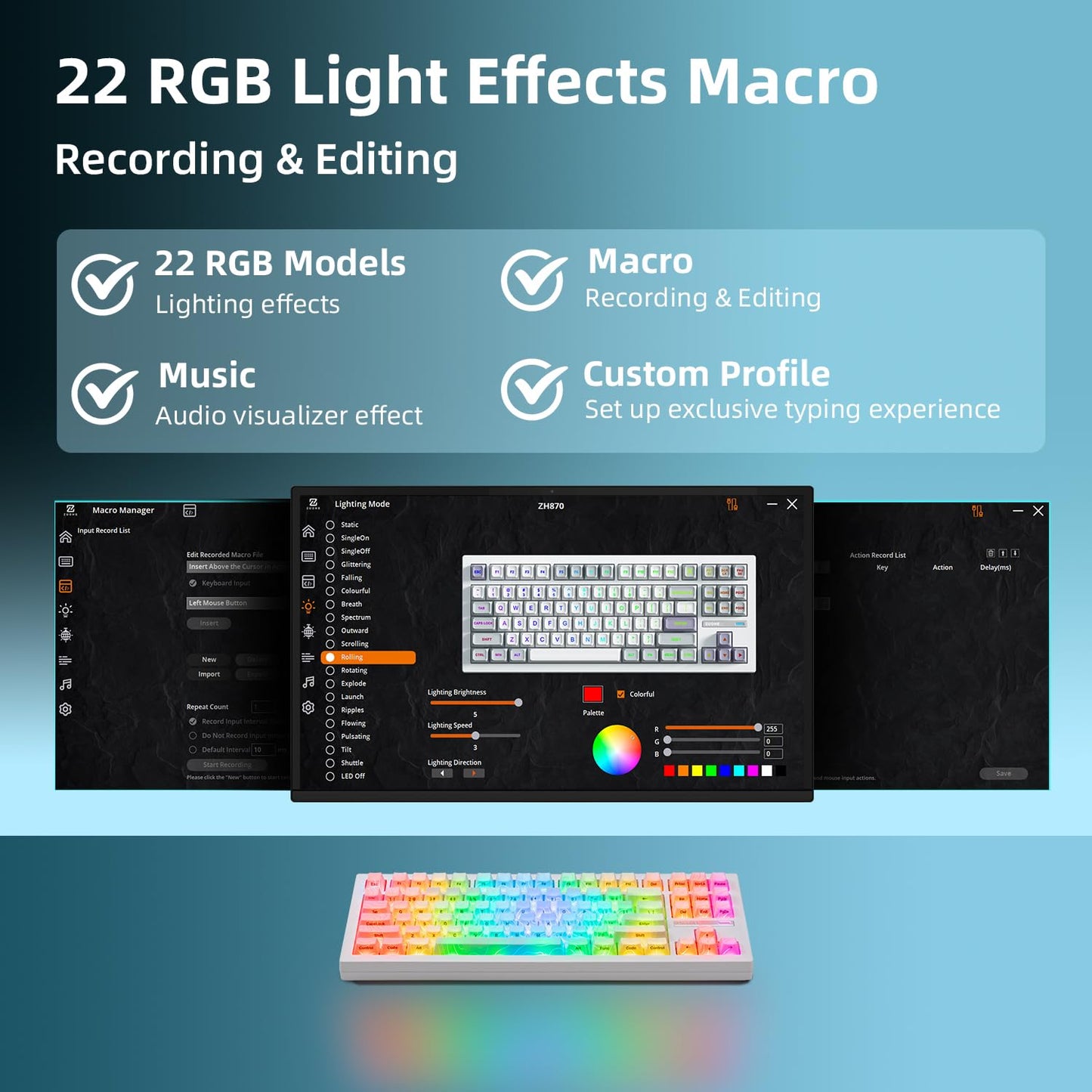 ZORNHER ZH870 Wireless Mechanical Gaming Keyboard,80% White Custom Creamy Sound Keyboard with Lighted Up IMD PBT Keycaps,Pre-lubed Linear Switches,Hot-Swappable,RGB Backlit,2.4GHz/USB-C/BT5.0