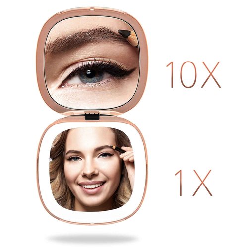 Fancii Compact Makeup Mirror with Natural LED Lights, 1x/ 10x Magnifying - Rechargeable, Portable, Lighted 4” Hand Mirror for Travel and Purses, Mila (Berry Crush)