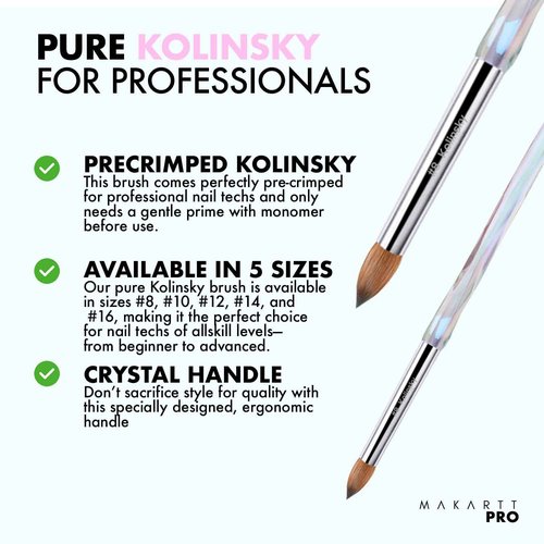 MakarttPro Kolinsky Crimped Acrylic Nail Brush for Acrylic Powder and EMA Monomer Application, Made for Professional Nail Technicians and Beginner Nail Students, Size #16