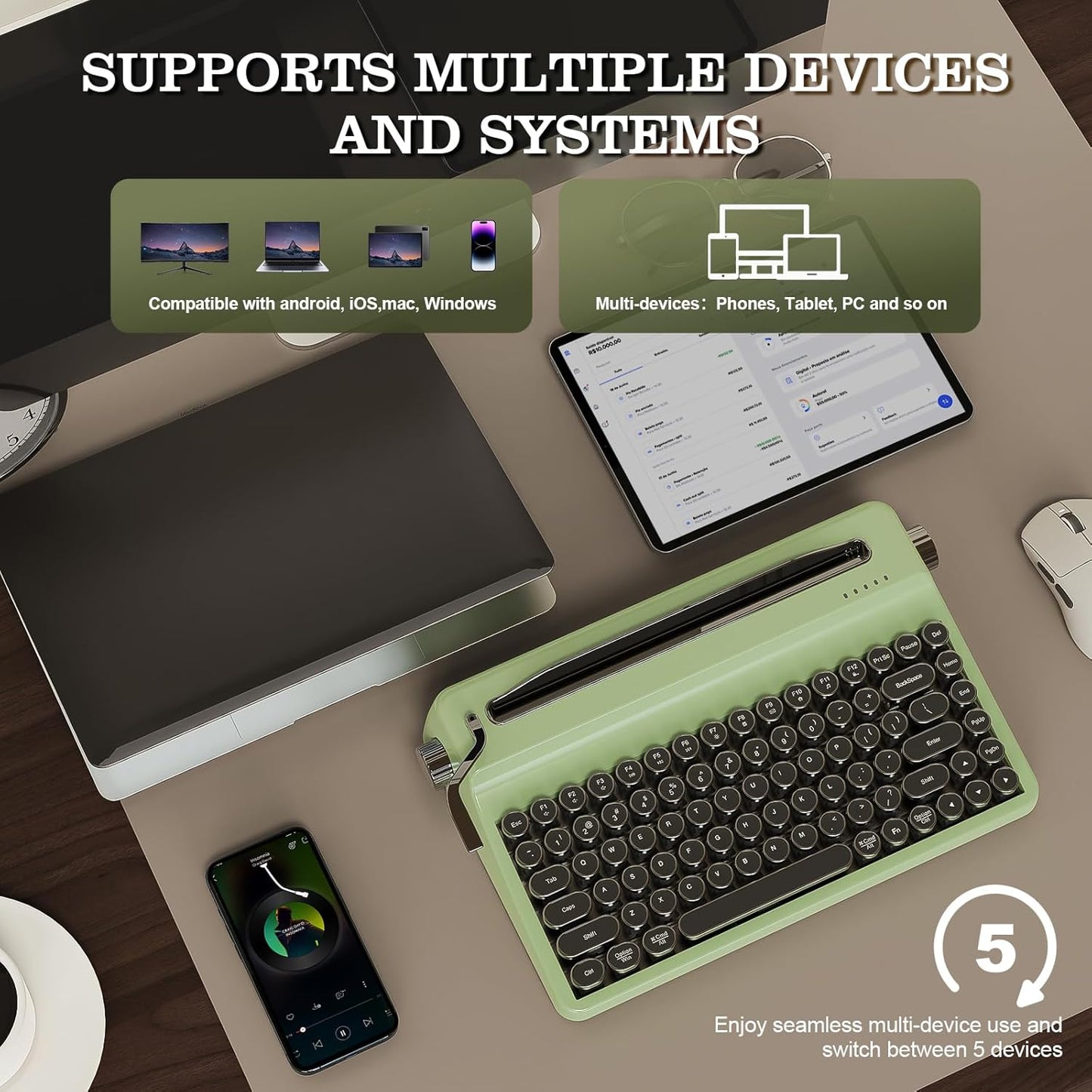 YUNZII QL75 Wireless Typewriter Hot Swap Retro Mechanical Keyboard,Punk Round Keycaps,RGB Backlit QMK/VIA Programmable, Multi-Device Keyboard with 2.4GHz/Type-C/BT5.0 (White, Onyx Switch)