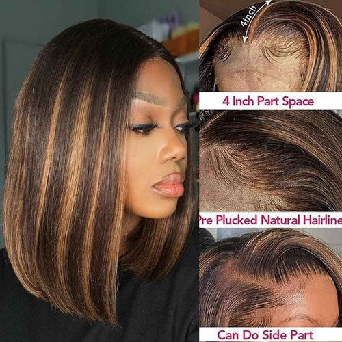 QTIKER Stylish Highlight Bob Wig 1b30 Human Hair 13x4 Frontal Lace Preplucked Colored Bob Wigs Transparent Lace Short Style Bobbing Wig (13X4 1b30 BOB, 16 INCH)