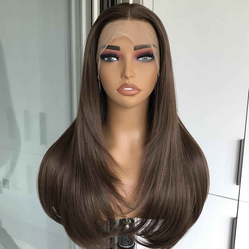 mytonecoo 13x4 Chocolate Brown Lace Front Wig Synthetic Hair HD Transparent Straight Lace Frontal Wigs Pre Plucked Brown Wig Colored Synthetic Lace Wigs for Women Long Layered Wig Daily 22inch